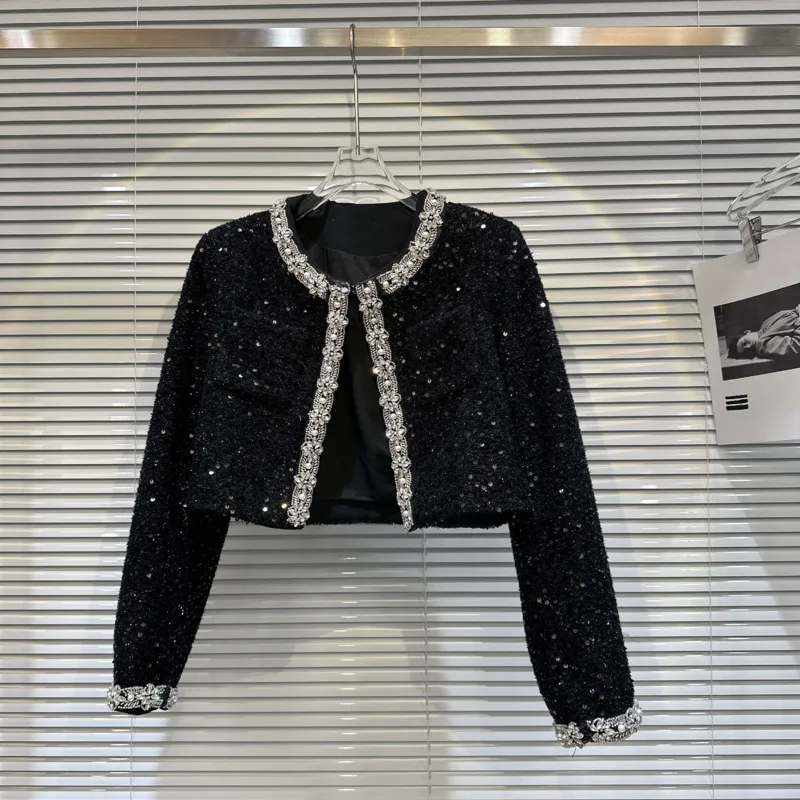 

PREPOMP 2023 Autumn New Collection Rhinestone Embroidered Beadings Tweed Short Jacket Women Black Coat GM087