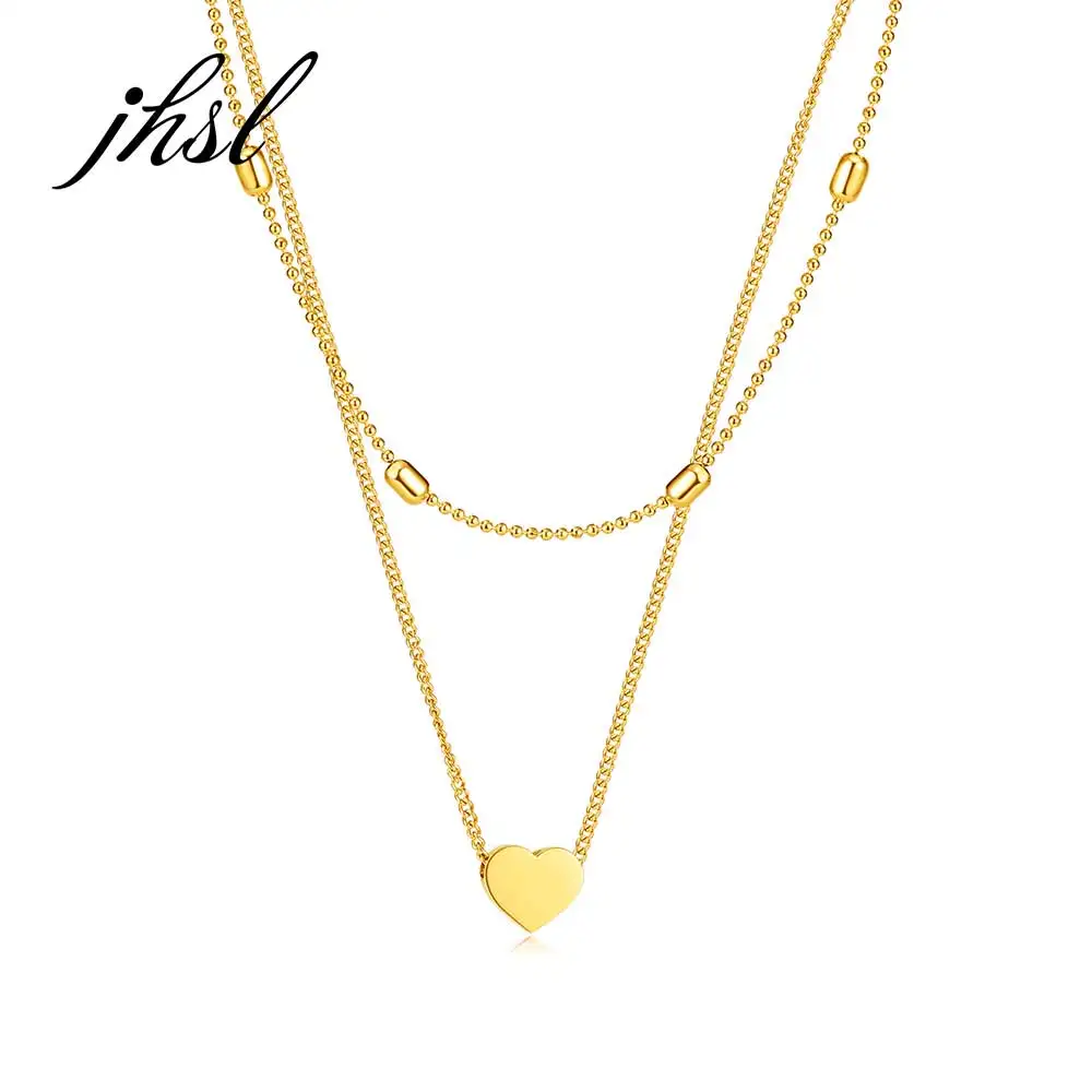 

JHSL Children Girl's Women Layered Heart Charm Necklaces Stainless Steel Chain Gold Color Fashion Party Jewelry