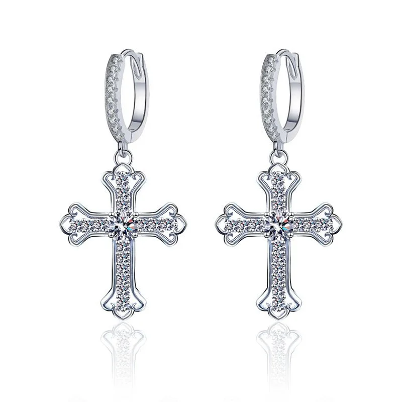 

XEA050 Lefei Fashion Trendy Classic White Moissanite 0.3ct Exquisite Desgin Cross Dangle Earrings Women Silver s925 Jewelry Gift