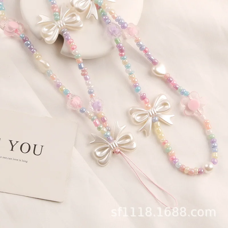 

Новинка, строп, короткая Женская креативная цветная цепочка с бусинами, брелок, подвесная цепочка с бантом, аксессуары «сделай сам»