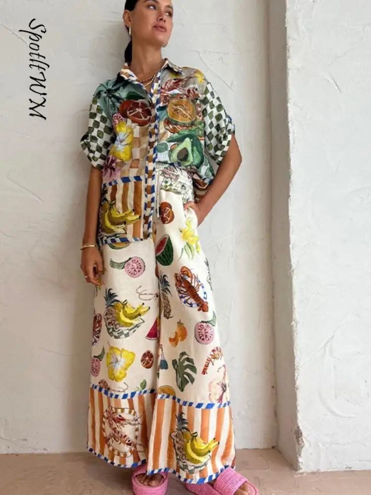 

Cotton Print Single Breasted Top Pant Sets Women Short Sleeve Wide Leg Drawstring Trousers Suits Female Casual Shirt 2 Piece Set