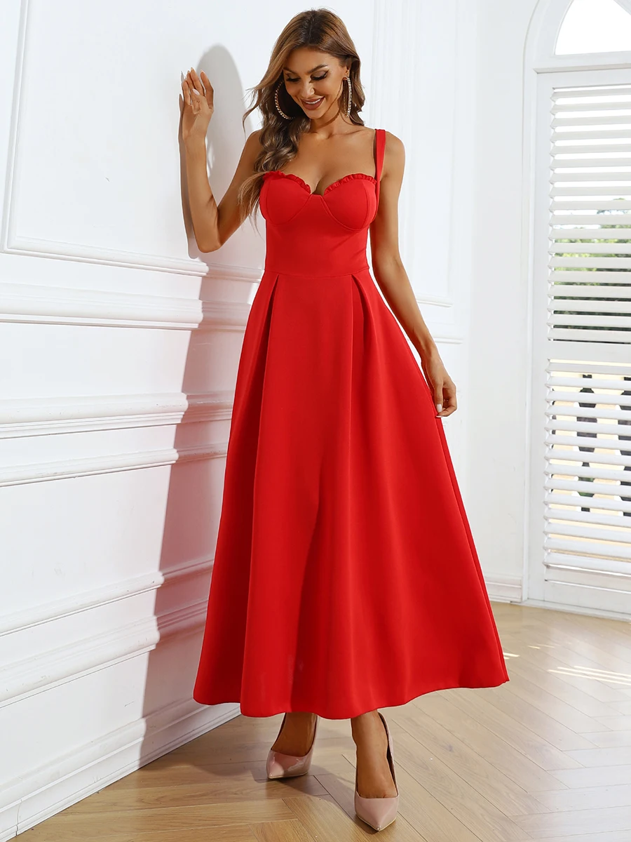 Spaghetti Strap Wedding Party Dress Red Long Dress Sexy V-Neck Robe Ball Gown for Wedding Cocktail Party Bachelor Party