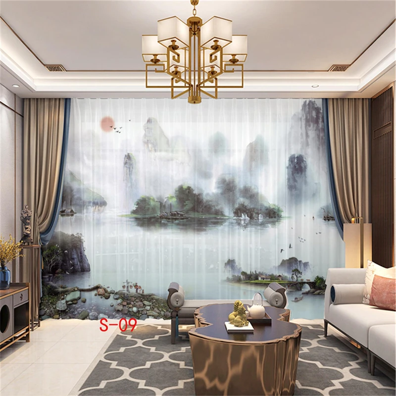 

Заказная шифоновая прозрачная занавеска для спальни, гостиной, горного холма, реки, восхода солнца, деревьев, пейзажа