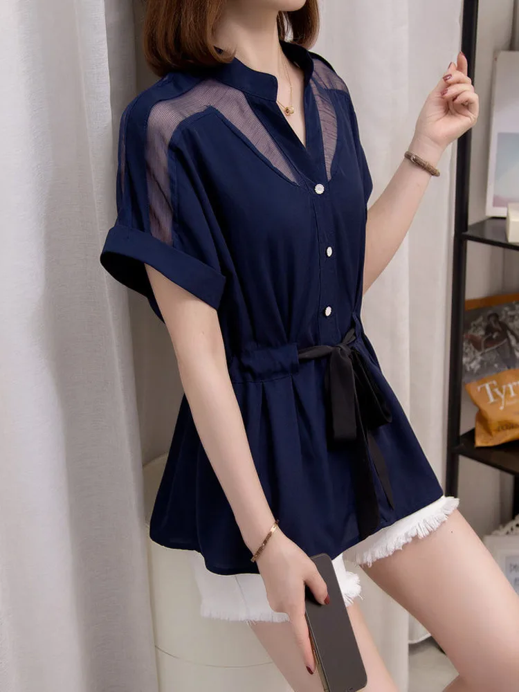 

Oversize Chiffon Mesh Patchwork Shirts Women 2022 Summer Fashion V-neck Short Sleeve Waist Banding Blouses L-4XL Large Chic Tops