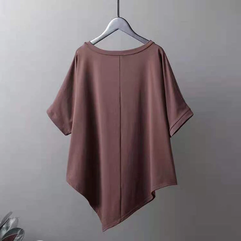 Женская летняя Асимметричная футболка с коротким рукавом и круглым вырезом