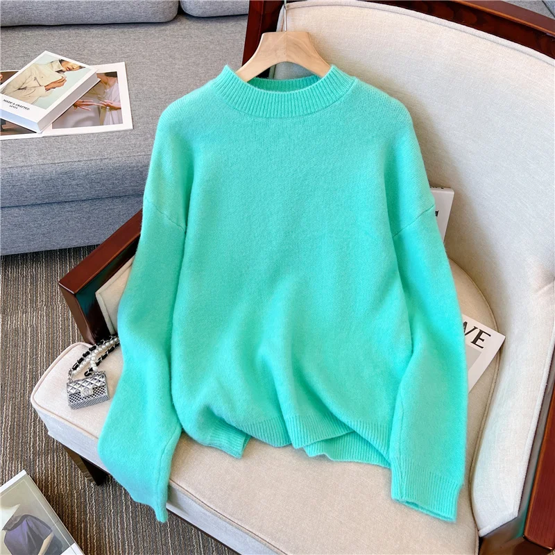 

Mohair Soft Pullovers Sweaters Women Loose Knitted Outerwear Autumn Winter Green Bottomed Knit Tops Female Simple Jumpers