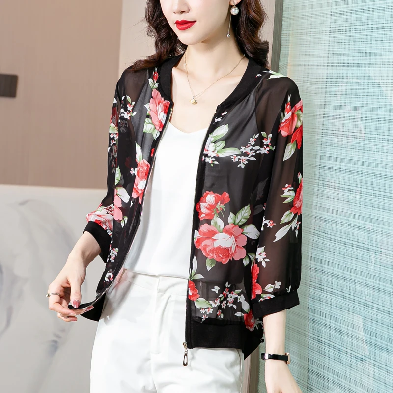 

Summer Women's Jacket 3/4 Sleeve Ladies Outerwear Female Clothing Korean Fashion O Collar Printing Casual Loose Zipper Houthion