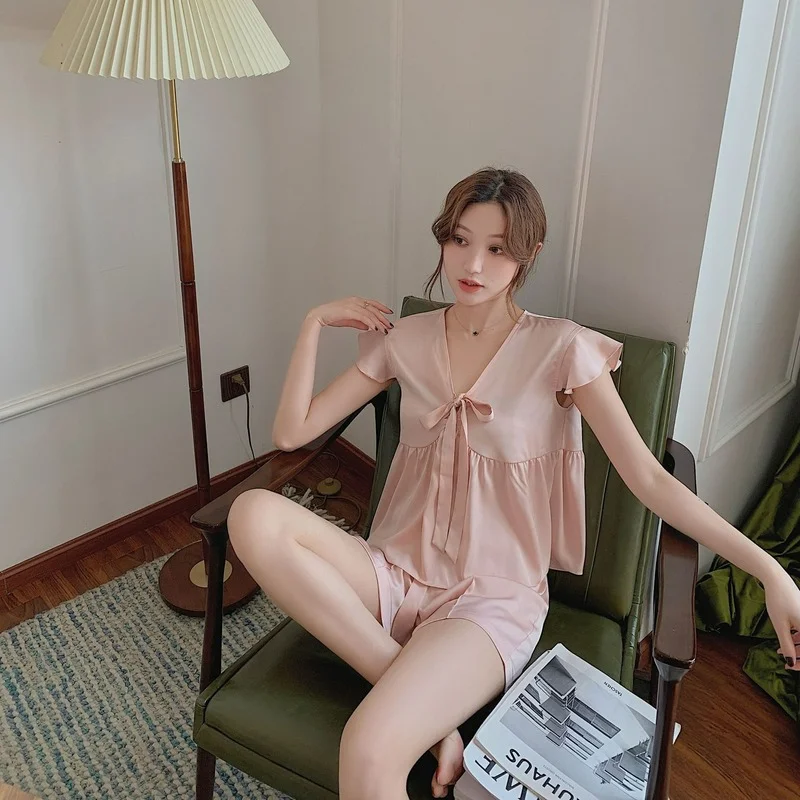 Women's Satin Pajamas with Shorts Ruffle Silk Pajamas for Women Summer Pyjamas Home Clothes for Women DropShipping