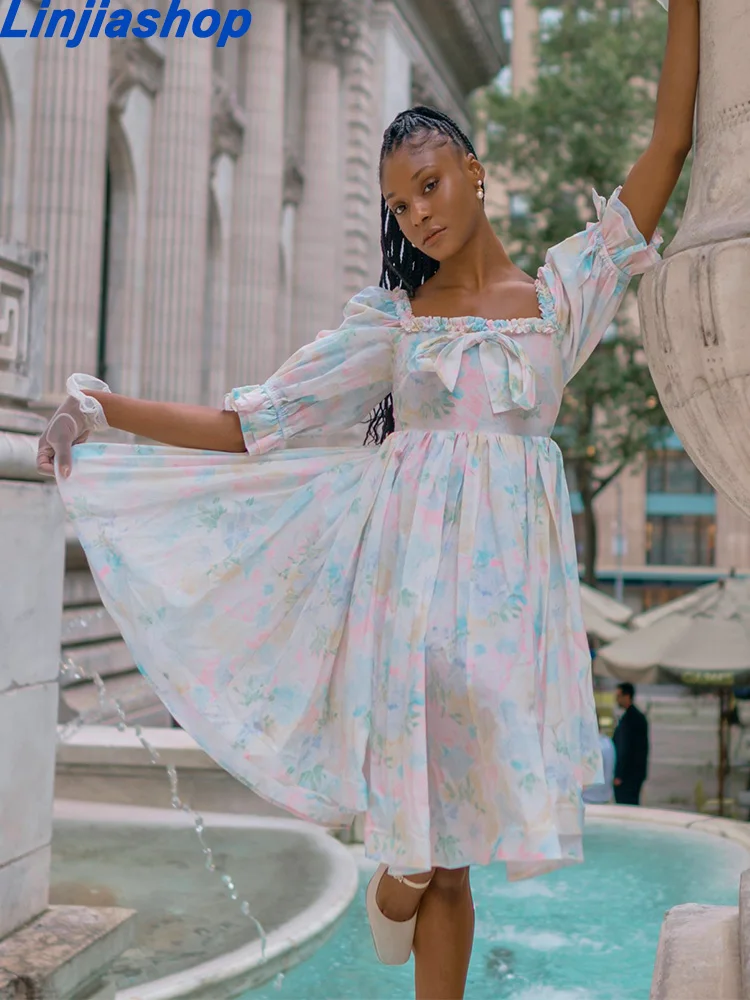 

Retro Women Floral Print Pile up sleeves Holiday Dress Square Collar Back Tie bow Backless Dresses Slim fit Midi Long Robe