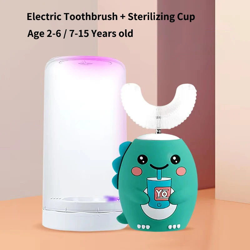 

360° Kids Intelligent Automatic Electric Toothbrush USB U Type 6 Modes Ultrasonic Sonic Toothbrush Children with Sterilizing Cup