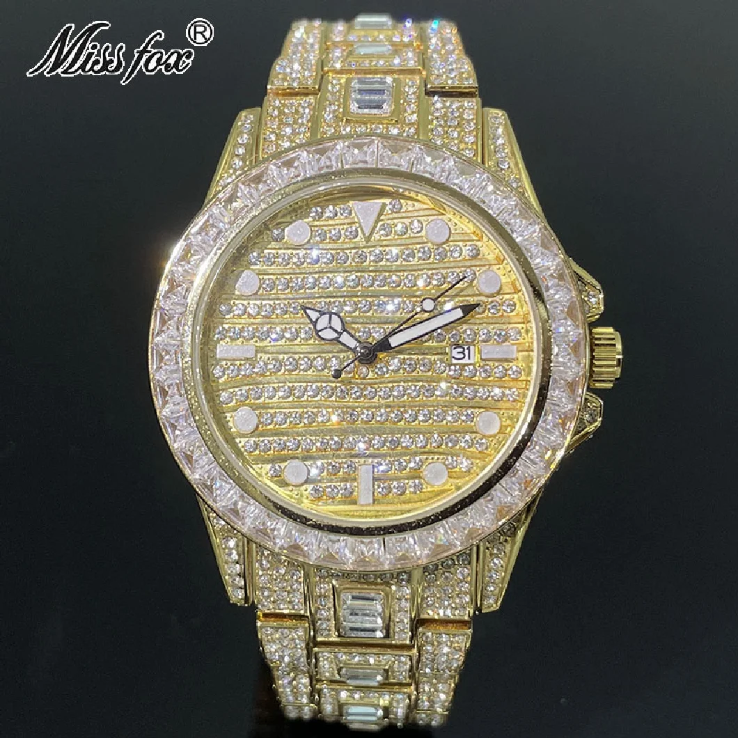 

MISSFOX Luxury Brand Gold Fashion Waterproof Watches Men Full Diamond Automatic Date Wristwatch Hip Hop Jewelry Clocks Male Hot