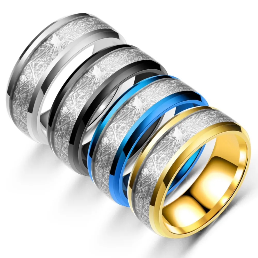 

Trendy 8MM Man Blue Tungsten Carbide Ring Vintage Silver Meteorites Inlay Carbon Fibre Ring Mens Wedding Band jewelry