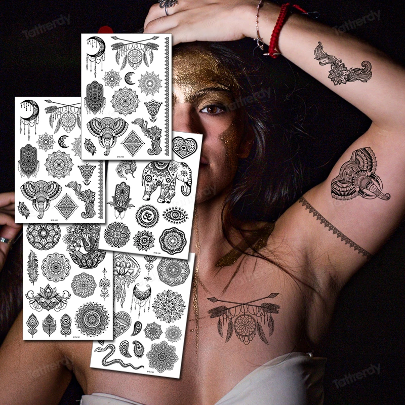 

Fake Henna Lace Tattoo Temporary Mandala Butterfly Lotus Dreamcatcher Tattoo Stickers Black Water Transfer Hand Arm Indian Decal