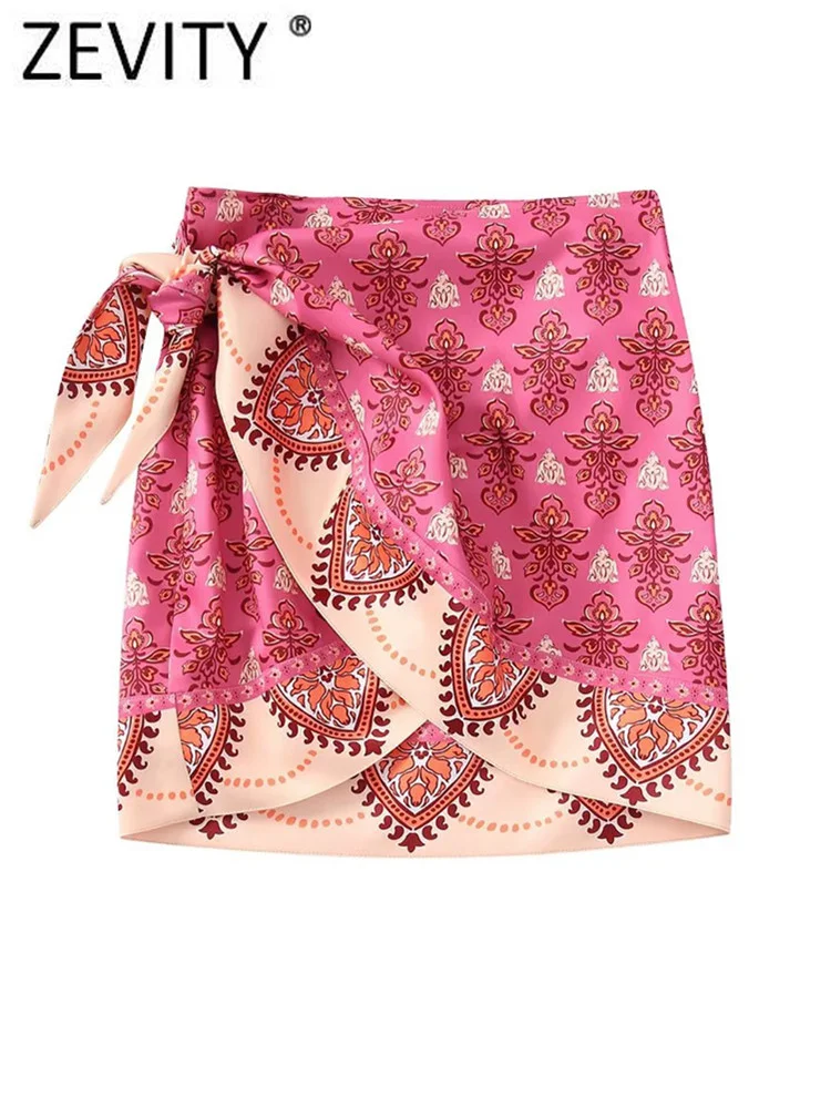 Zevity Women Vintage Totem Floral Print Bow Tied Sarong Skirt Faldas Mujer Ladies Chic Hem Irregular Kimono Vestidos QUN1562