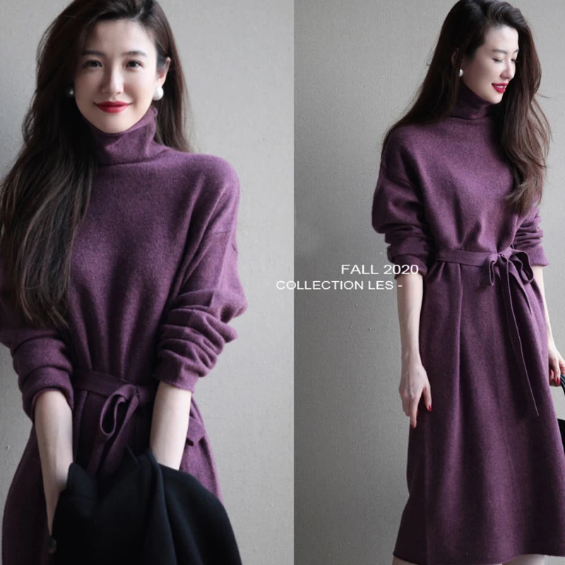 

Однотонное трикотажное платье-трапеция с высоким воротником, элегантное платье в Корейском стиле для женщин, осенне-зимнее Повседневное платье с поясом и длинным рукавом, 2022