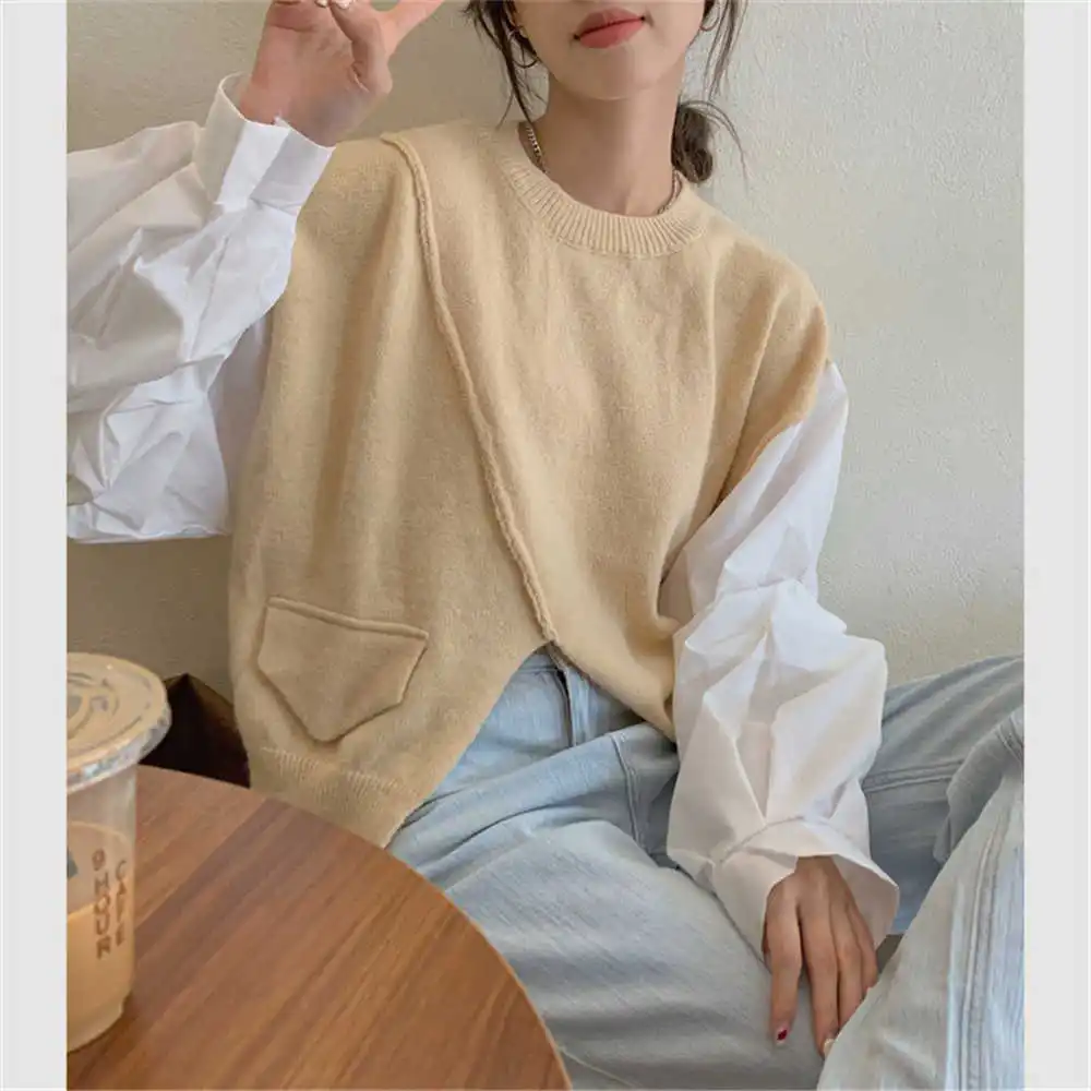 

Sweater New Patchwork Design Korean Version Loose Fake Two-piece Slit Pleated Lantern Sleeve Sweater Knitted Women Basic&Casual
