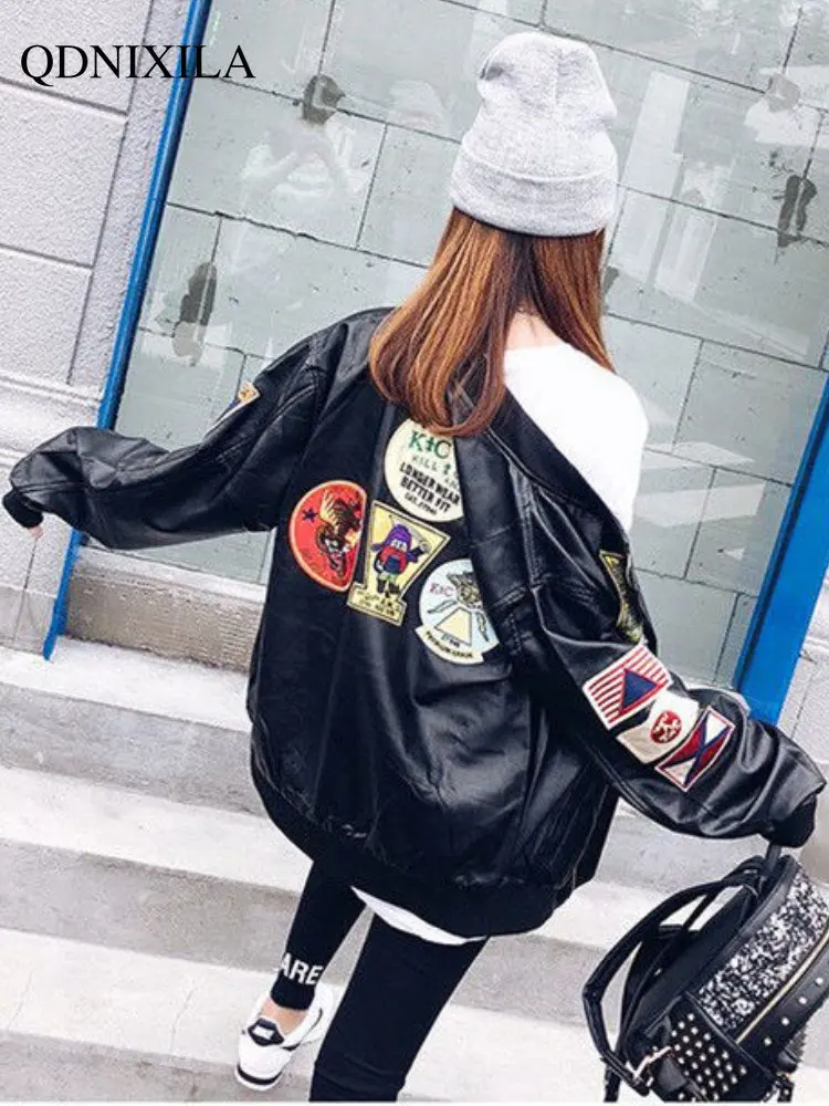 New Embroidered Women's Leather Jacket for Female Couples Loose Jackets Korean Version Coats Motorcycle Leather Jacket Woman