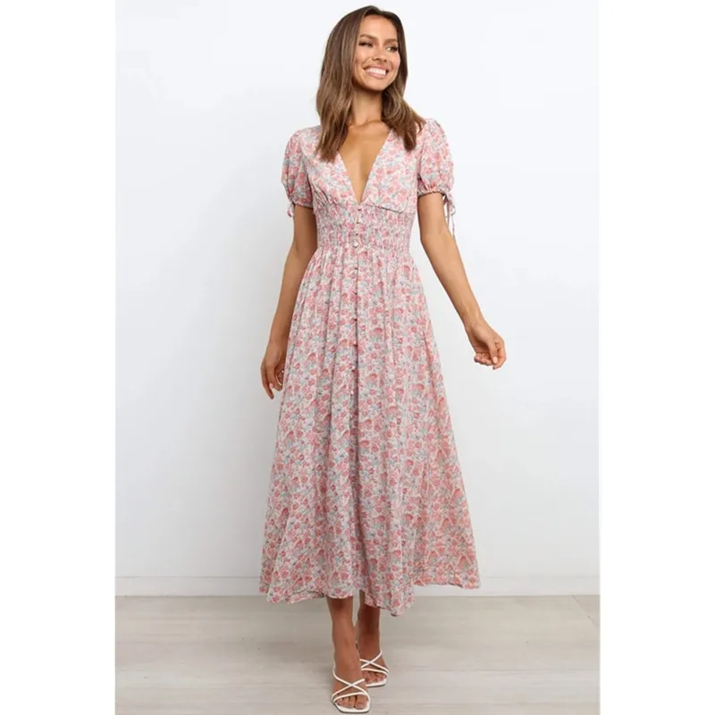 

Женское платье с принтом YBZFACAI, летнее розовое вечернее платье с V-образным вырезом, длинное роскошное приталенное платье на пуговицах с элас...