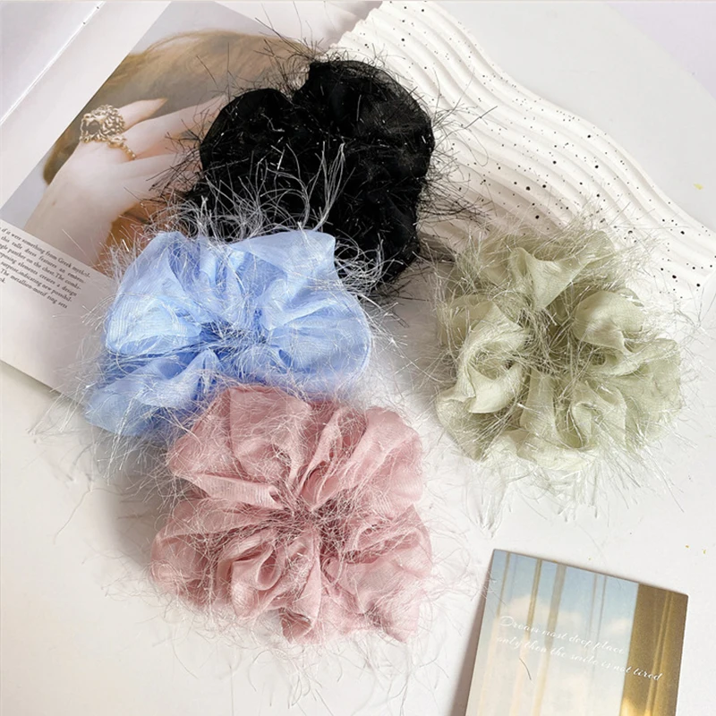 

New Oversized Scrunchie Hair ScrunchiesFeather Chiffon Elastic Hair Band Women Solid Color Headwear Ponytail Holder Hair Rope