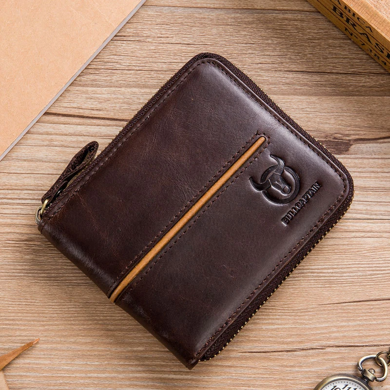 Genuine Cowhide  Leather Wallet Zipper Money Bag Multi-Function ID Bank RFID Blocking Protection Card Holder Coin Male Purs
