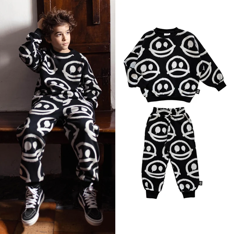 

Kids Sweatshirt Pants 2023 Autumn LMH Girls Printed Happy Sad Face Sweater Boys Casual Pants for Autumn Clothes