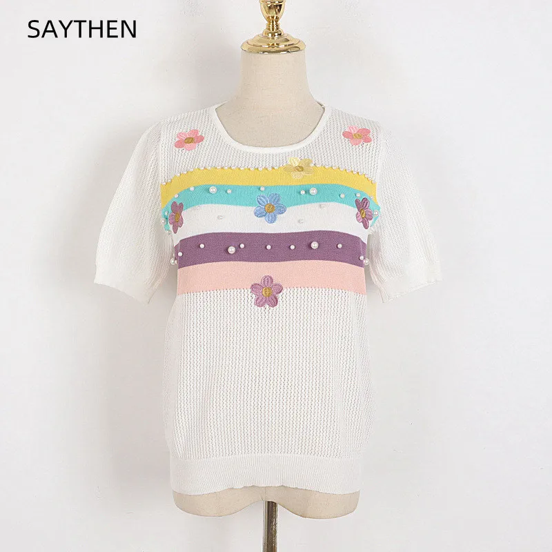 

SAYTHEN Beaded Flower Embroidery Short-Sleeved T-shirt Candy Color 2022 Summer Color Striped Matching Hollow Knitted Sweater