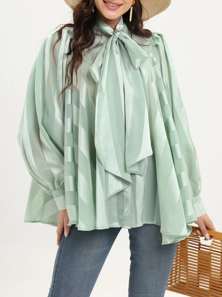 VGH Striped Casual Blouses For Women Bowknot Collar Loose Long Lantern Sleeve Colorblock Pullovers Female 2022 Spring Clothing |