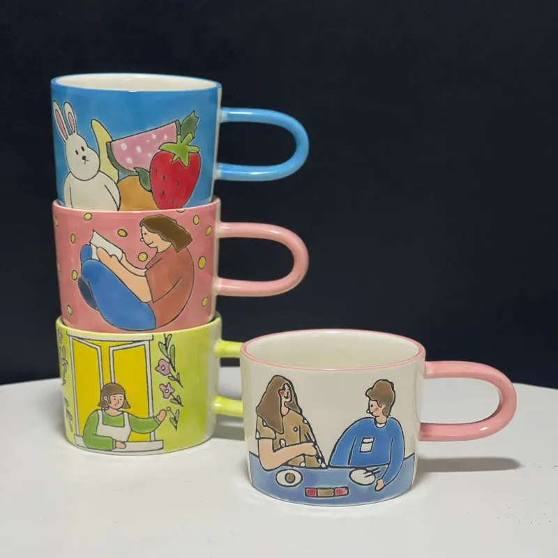 

Creative hand-painted cartoon illustration embossed ceramic mug underglaze color couple water cup coffee cup milk cup