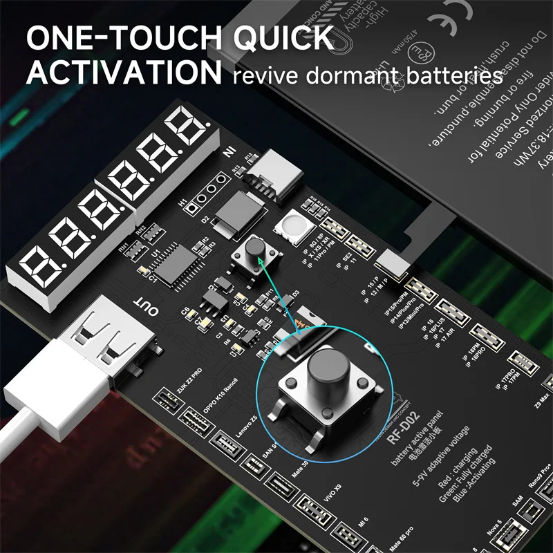 Фото RF-D02 Плата активации аккумулятора телефона, цифровой тестер напряжения и тока, источник питания Type-C для ремонта мобильных устройств IP и Android. №5