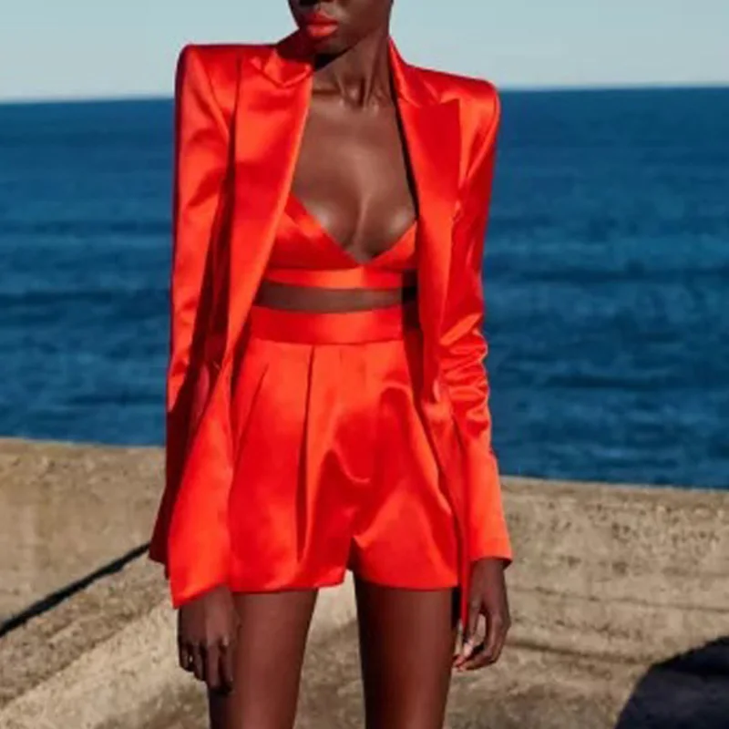 Suit Female Long Sleeve Suits with Shorts Sets Red V-neck Summer Suit	Slim Sexy Women's Jacket Shorts Tube Top Sling 3 Piece Set