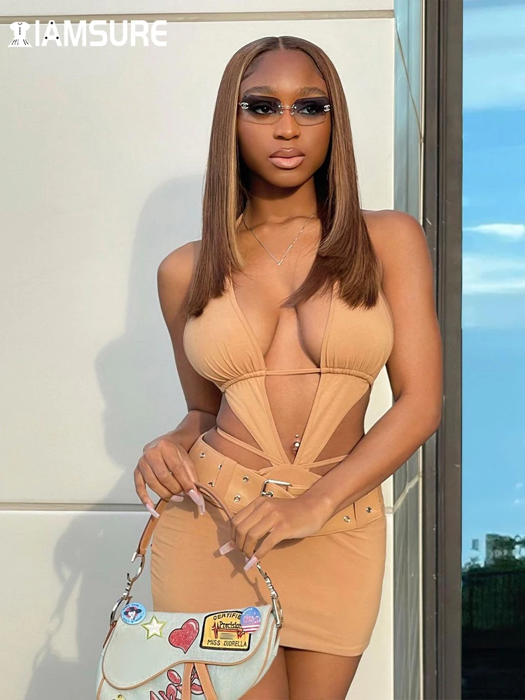 

IAMSURE Clubwear Bandage Bodycon Dress With Sashes Sexy Slim Deep V-Neck Backless Halter Sleeveless Mini Dresses For Women 2022