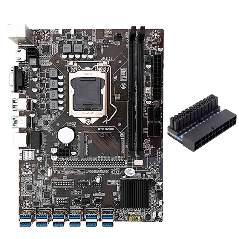

12 GPU B250C Mining Motherboard With 24Pin Power Adapter 12 USB3.0 Slot LGA1151 DDR4 RAM SATA3.0 MSATA VGA For BTC/ETH