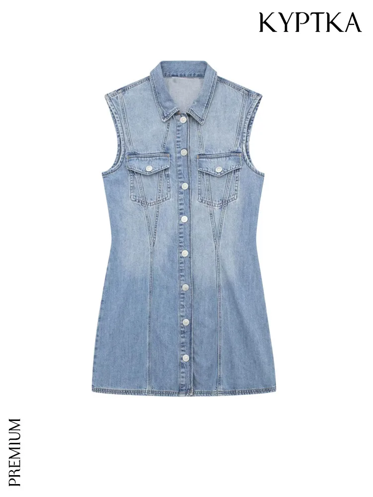 

Женское джинсовое мини-платье KYPTKKA, синее винтажное платье с карманами, без рукавов, на пуговицах спереди,