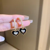 2022 new black enamel heart pearl flower drop earrings for women fashion jewelry pendientes love brincos wholesale