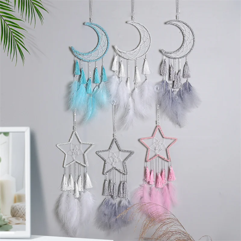 

New Indian Style Dreamcatcher Star Moon Ramadan Decoration Macrame Wall Hanging Creative Girls Gifts Room Wall Feather Ornament