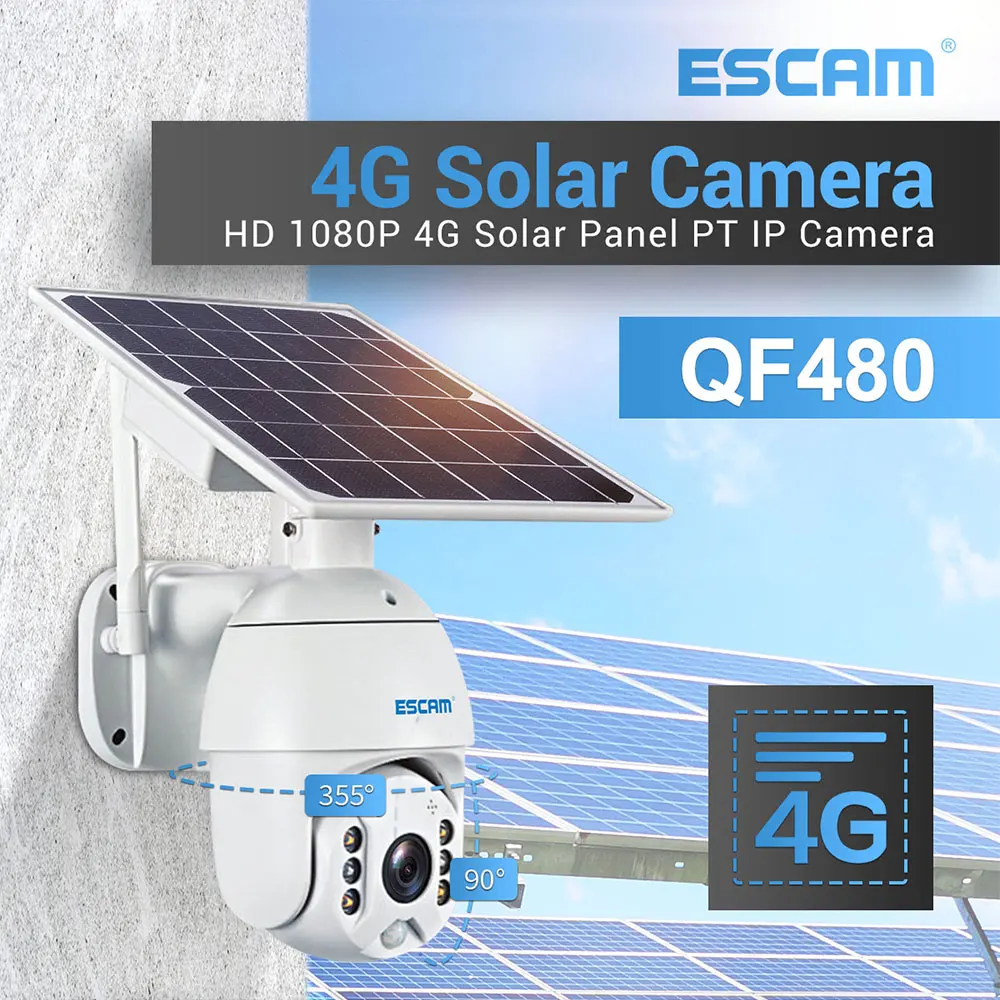 

ESCAM QF480 1080P Cloud Storage PTZ 4G Battery PIR Alarm IP Camera With Solar Panel Night Vision IP66 Waterproof Two Way Audio
