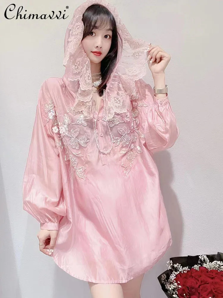 

Sun Protection Shirt for Women 2022 Summer New Sweet Heavy Beads Lace Stitching Hooded Blouse Fashion Slimming Thin Tops