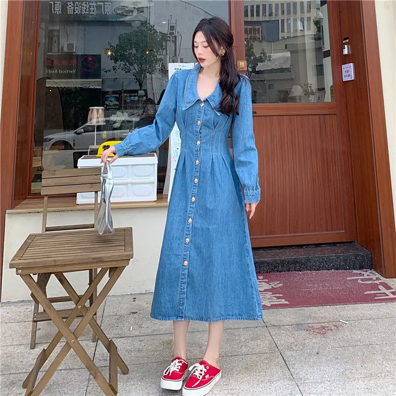 

2023 Spring Autumn Women New Fashion Denim Lapel Collar Dress Female Single-Breasted Vestidos Ladies Casual Long Dresses O131