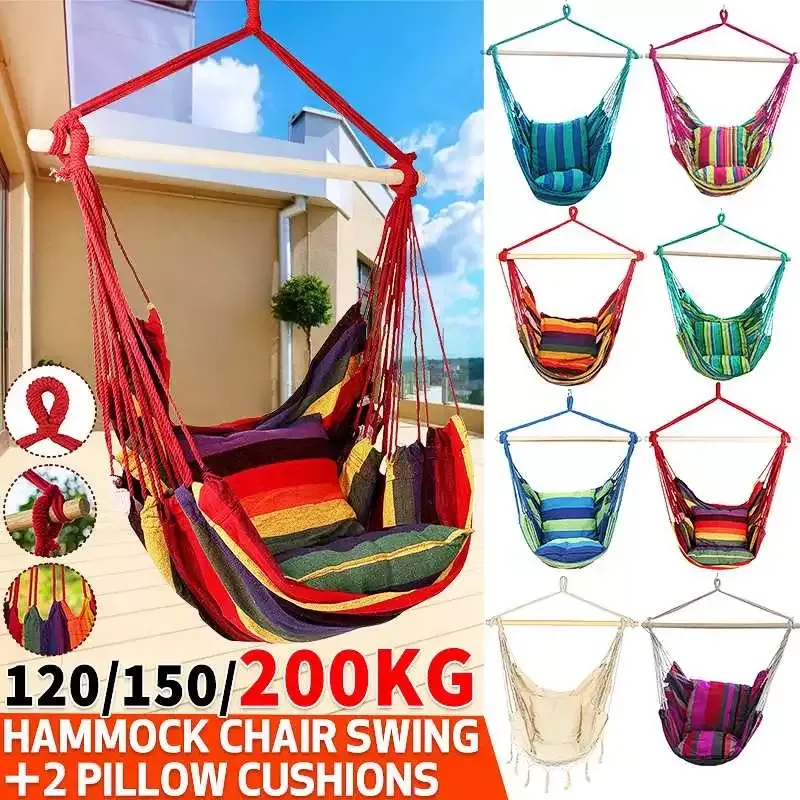 

Портативное кресло-гамак, подвесное веревочное кресло-качели с 2 подушками, садовые комнатные и уличные качели