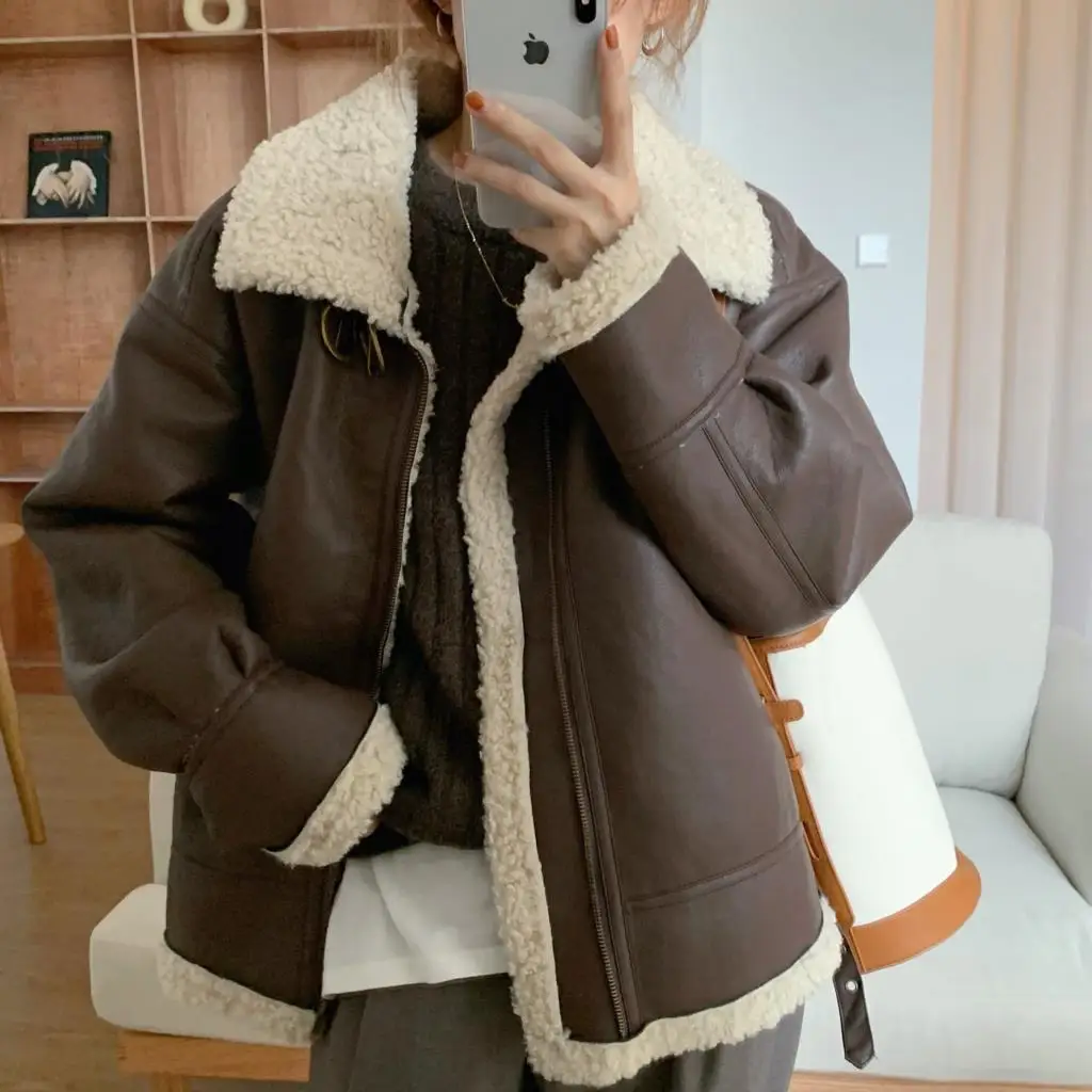 

Fur Coat for Women Winter Jacket Lambswool Faux Sheepskin Coat Loose Warm Thicken Locomotive Female Black Pu Outwear