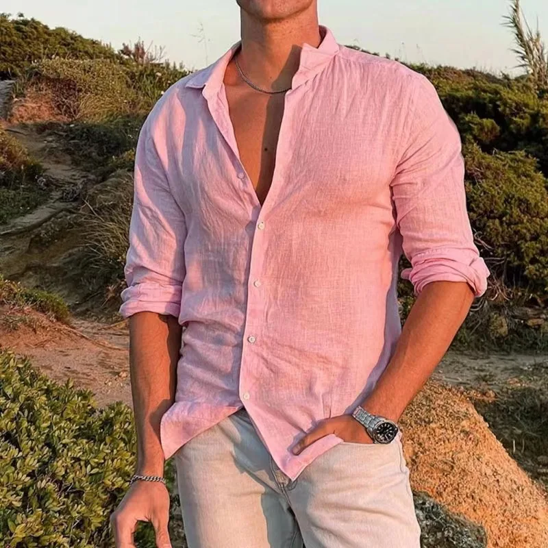 

Men's Casual Long Sleeve Shirt Streetwear Turn-down Collar Button Solid Cotton Linen Shirt For Man Vintage Vacation Male Blouse