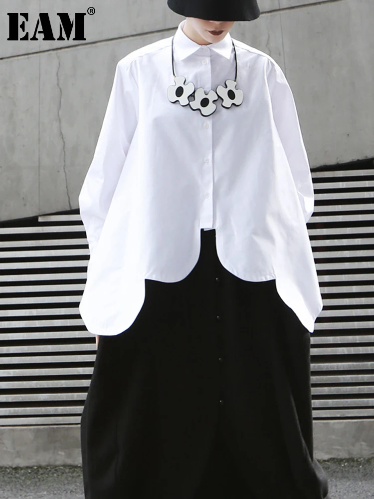 

[EAM] Женская белая блузка с асимметричным подолом большого размера, новая свободная рубашка с отворотом и длинным рукавом, модная весенне-ос...