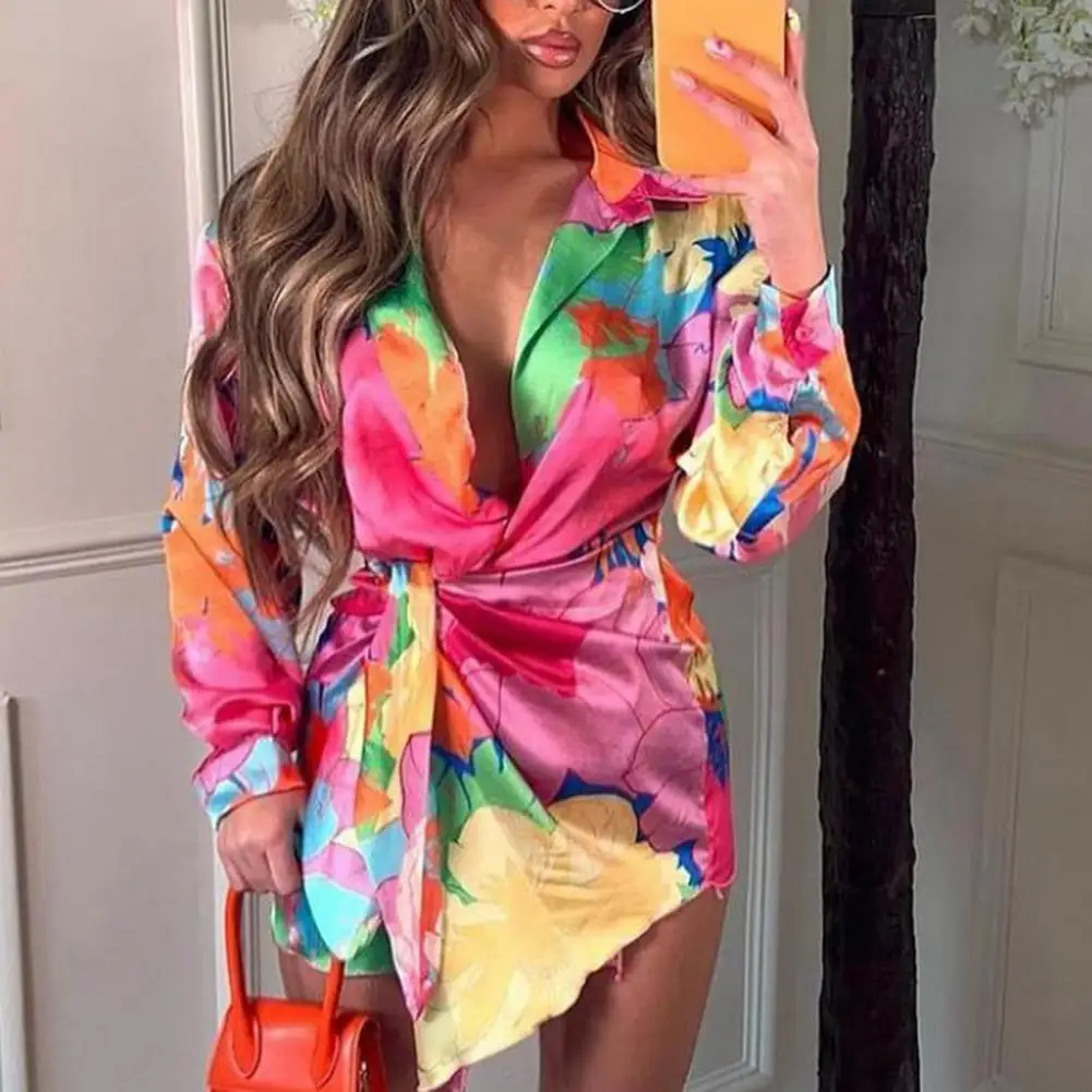 

Turn-down Collar Long Sleeve Single-breasted Mini Dress Women Sexy Lace-Up Flower Print Shirt Dress Female Clothing