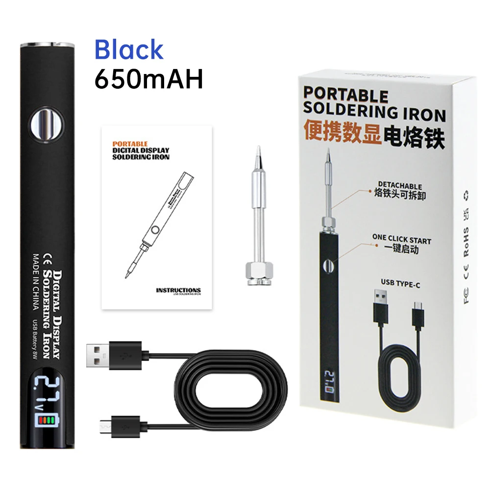 

Цифровая паяльная ручка 650 мАч 510, набор батарей для предварительного нагрева, 3 скорости, регулировка напряжения 330-450 ℃ Зарядка аккумулятора с железным наконечником