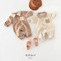 2022 autumn new boy baby polo collar long sleeves romper girl infant pure color pocket jumpsuit toddler cotton casual one piece