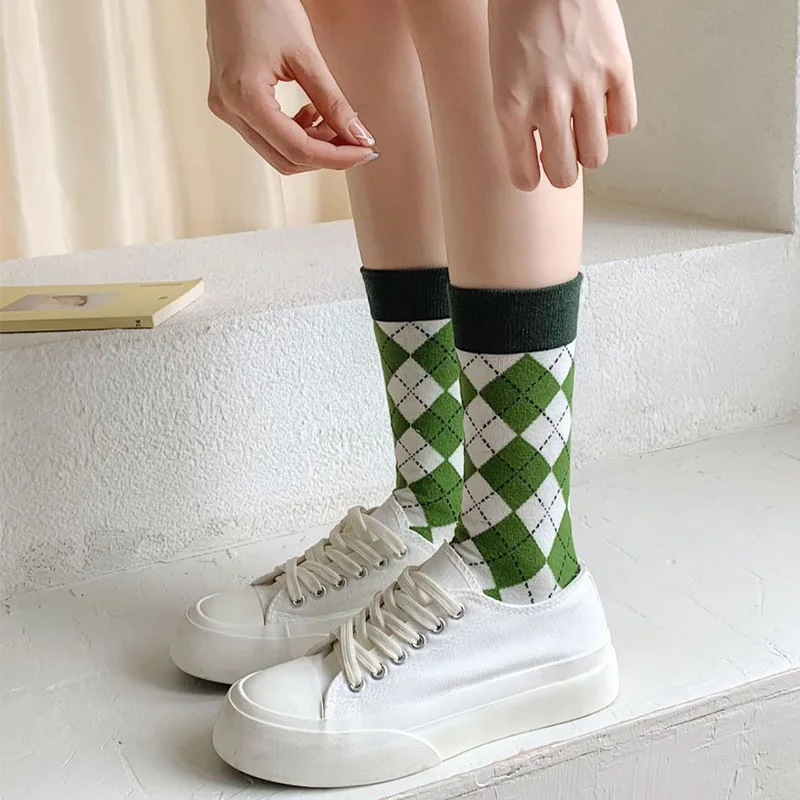 6 Pairs Lolita  Fashion Cotton Socks Women Checkered Print Kawaii Frilly Socks Long Winter Leg Warmers Harajuku Medias De Mujer