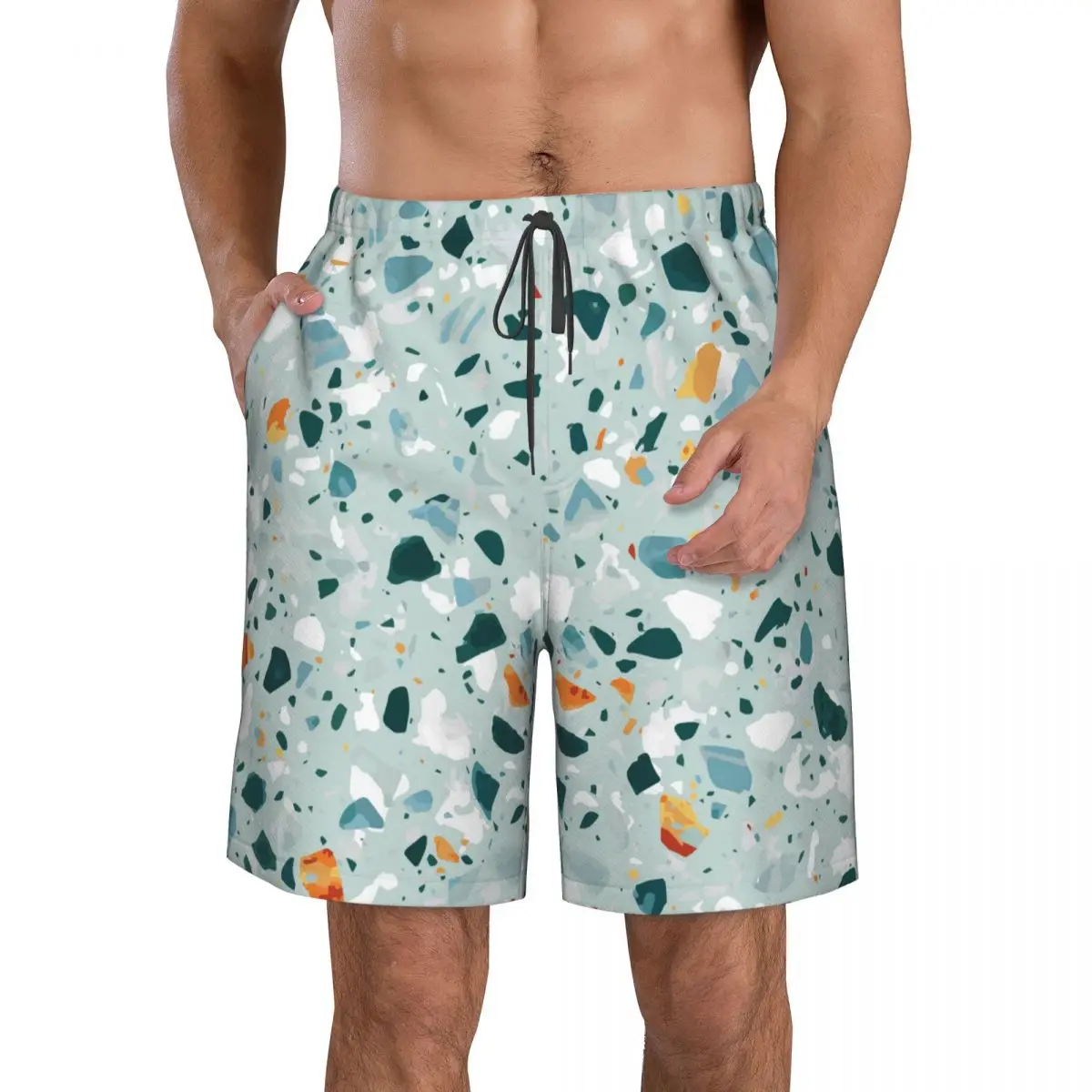 

Шорты для плавания мужские быстросохнущие, одежда для купания, купальный костюм, трусы, летняя пляжная одежда с принтом терраццо, камни, Чирок