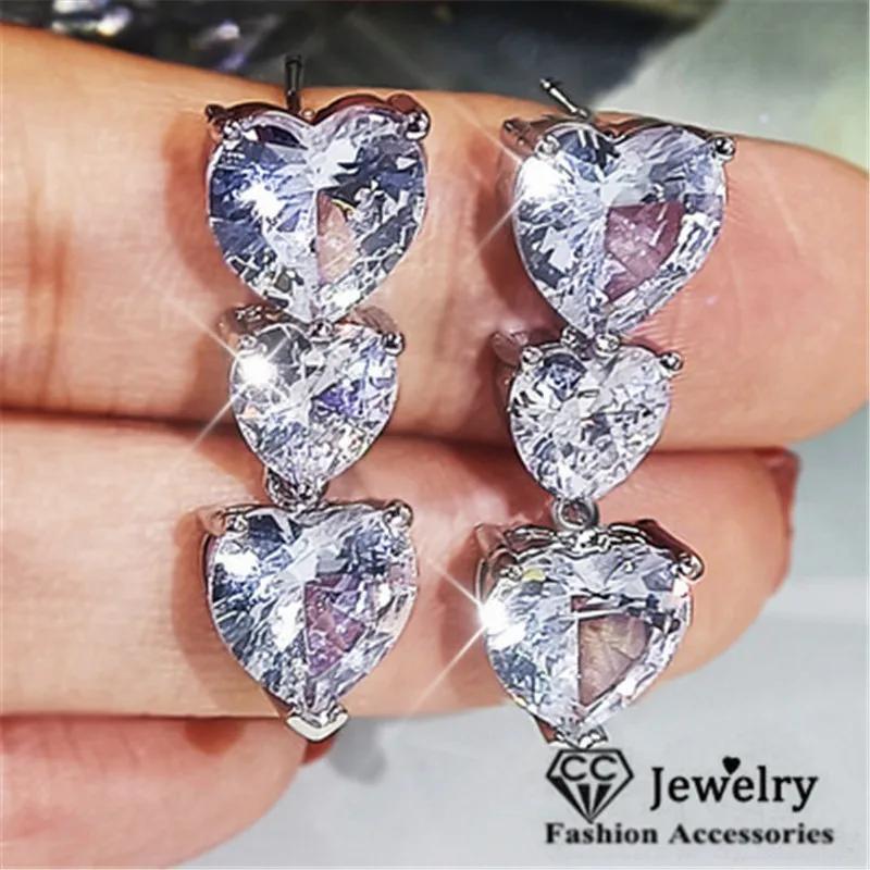 

S925 Women's Stud Earrings Heart Drop Silver Color Earrings Set Fine Jewelry Bridal Wedding Accessories Gifts for Lover CCE741