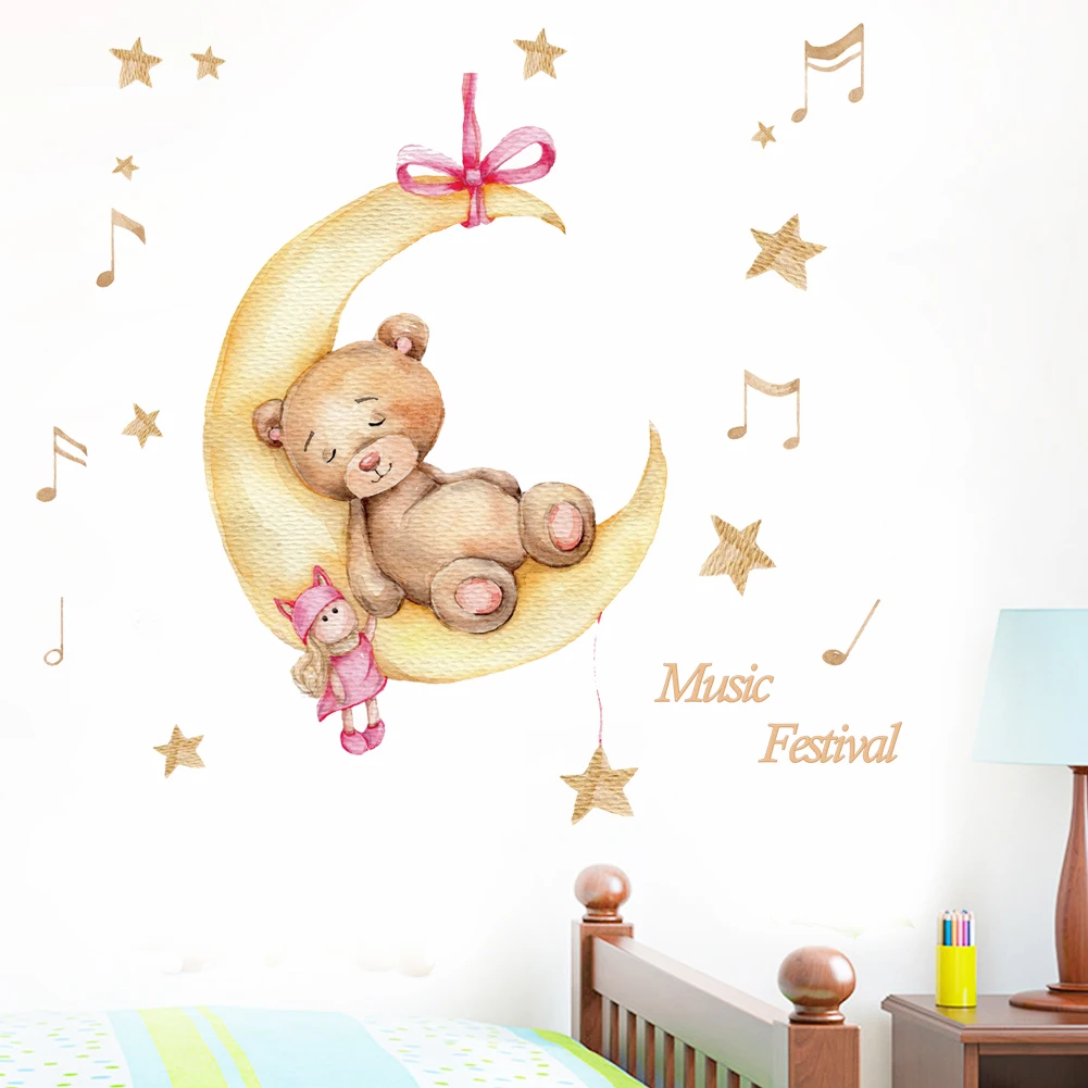 Cute cartoon teddy bear sleeping on the moon and stars cloud children