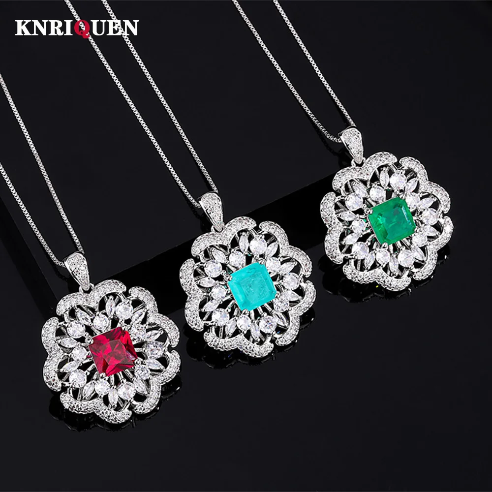 

Luxury 9*9mm Paraiba Tourmaline Ruby Emerald Pendant Necklaces for Women Lab Diamond Gemstone Cocktail Party Fine Jewelry Gift